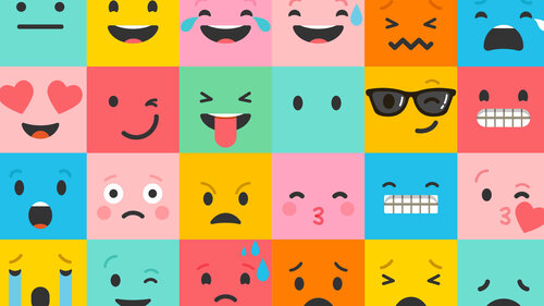 Collage de rostros ilustrados que expresan una variedad de emociones