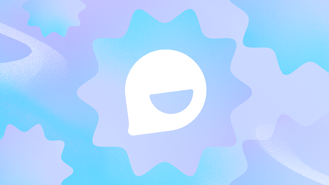Smubble logo overlaid on gradient background with star shapes