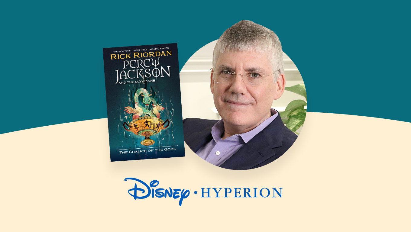 Photo of author Rick Riordan alongside book The Chalice of the Gods and logo for Disney Hyperion