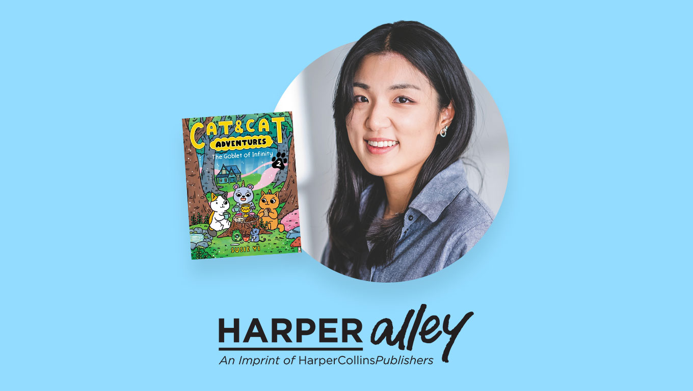 Photo of author Susie Yi with book Cat & Cat and Harper Alley logo