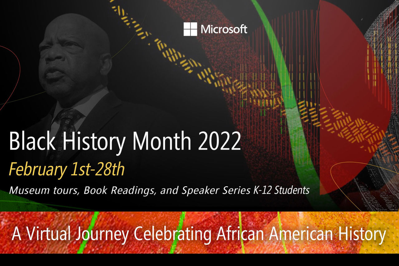 Grafik mit den Veranstaltungen des Black History Month von Microsoft, einschließlich Museumsführungen, Buchlesungen und Vortragsreihen