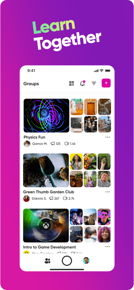 Folie mit dem Titel Learn Together, die einen Screenshot von Flip-Gruppen in der App zeigt