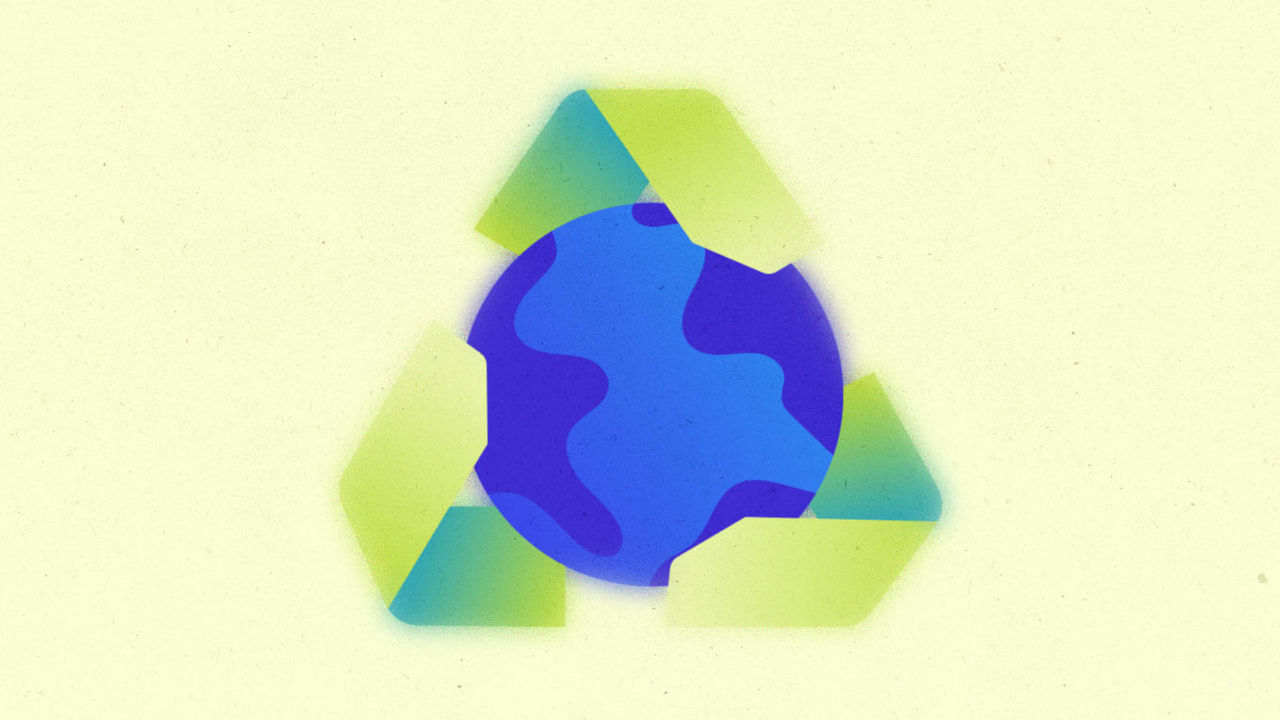 Illustration of the recycle symbol around the earth