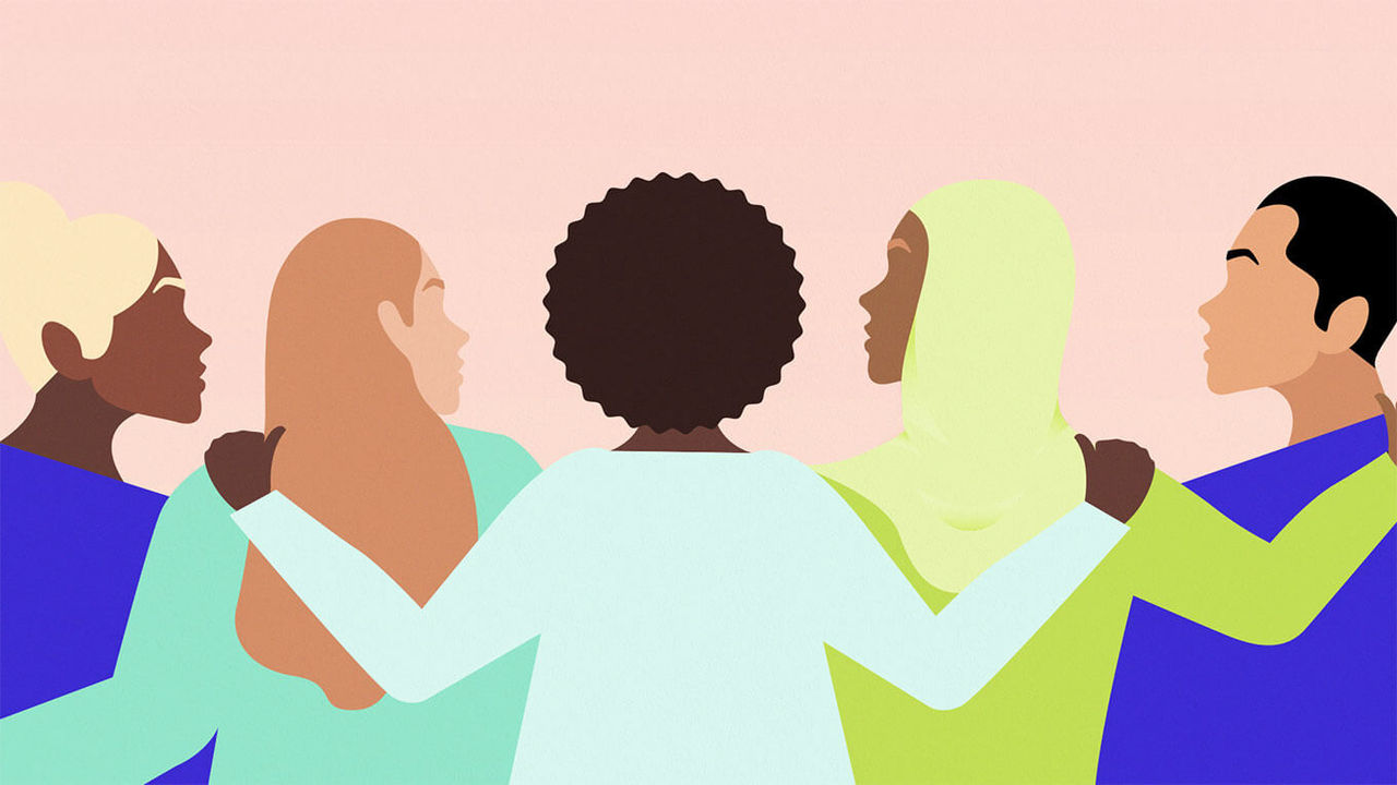 Illustration of five people of different race and gender standing side by side with arms around each others' shoulders