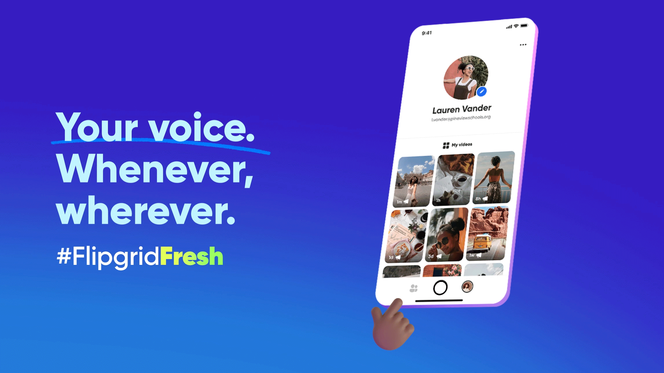 Your voice. Whenever, wherever. Animation showing new features on a phone, released during #FlipgridFresh