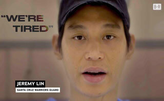 Screenshot of video featuring Jeremy Lin, Santa Cruz Warriors guard, with overlaid text reading We're Tired
