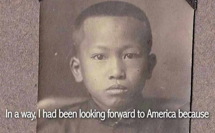 Photo of young Chinese boy with text reading In a way, I had been looking forward to America because