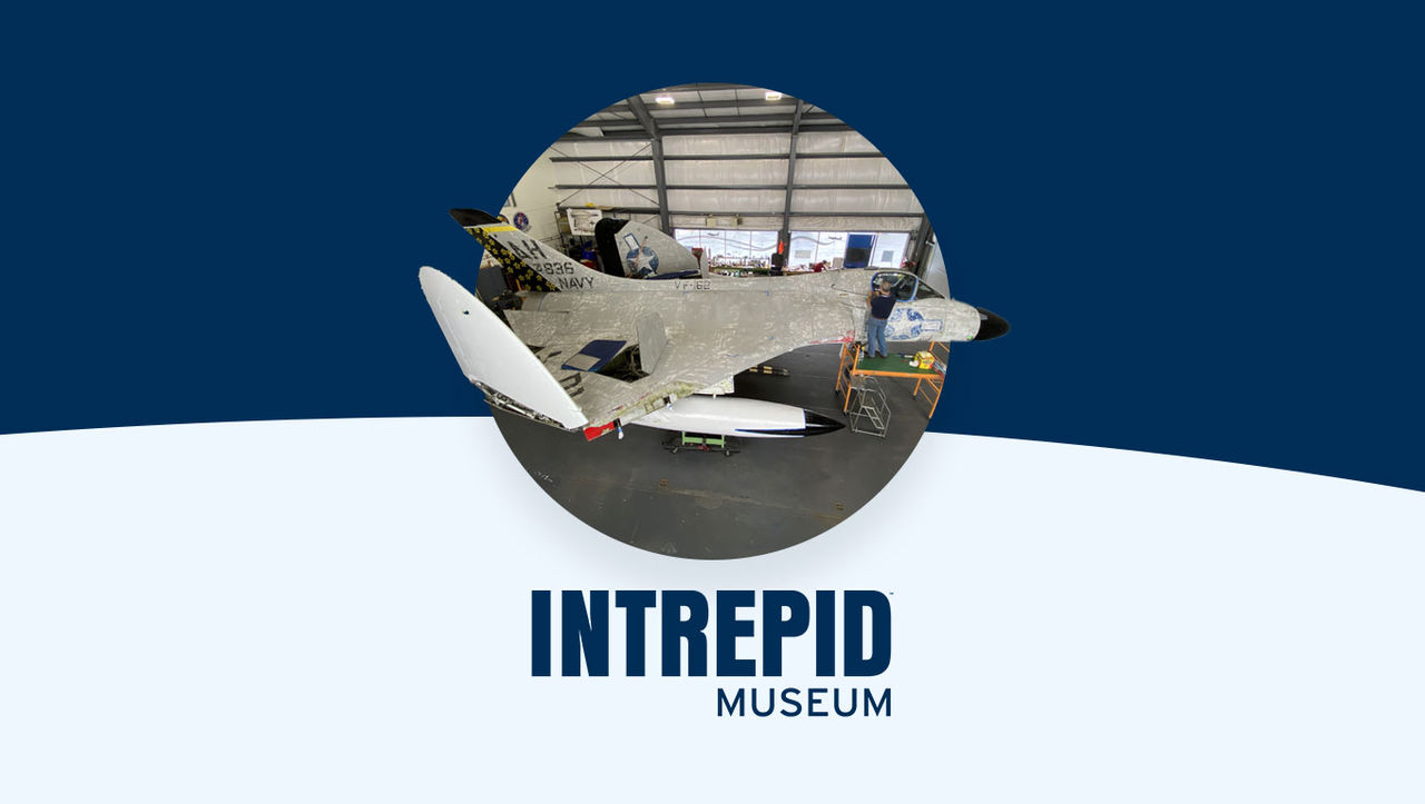 Intrepid museum logo alongside photo of airplane being maintained