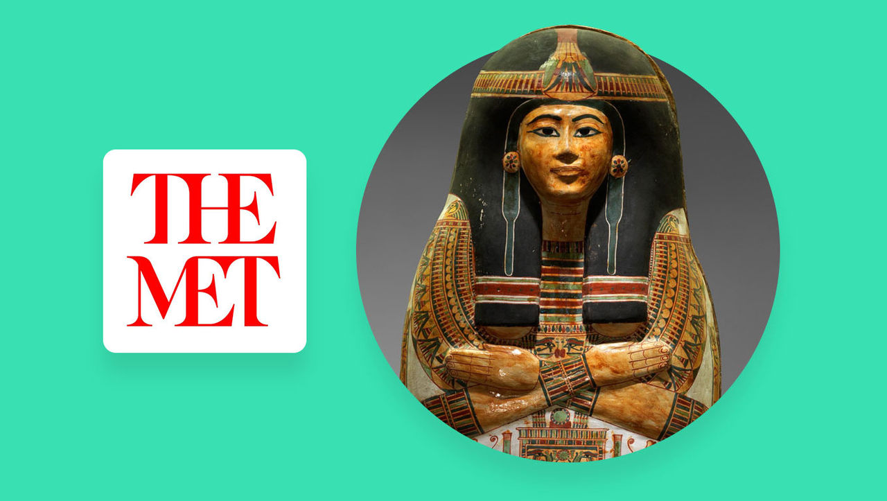 Photo of an ancient Egyptian coffin alongside logo for The Met