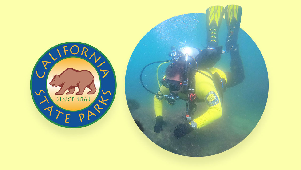 Photo of a diver underwater next to the California Stake Parks logo