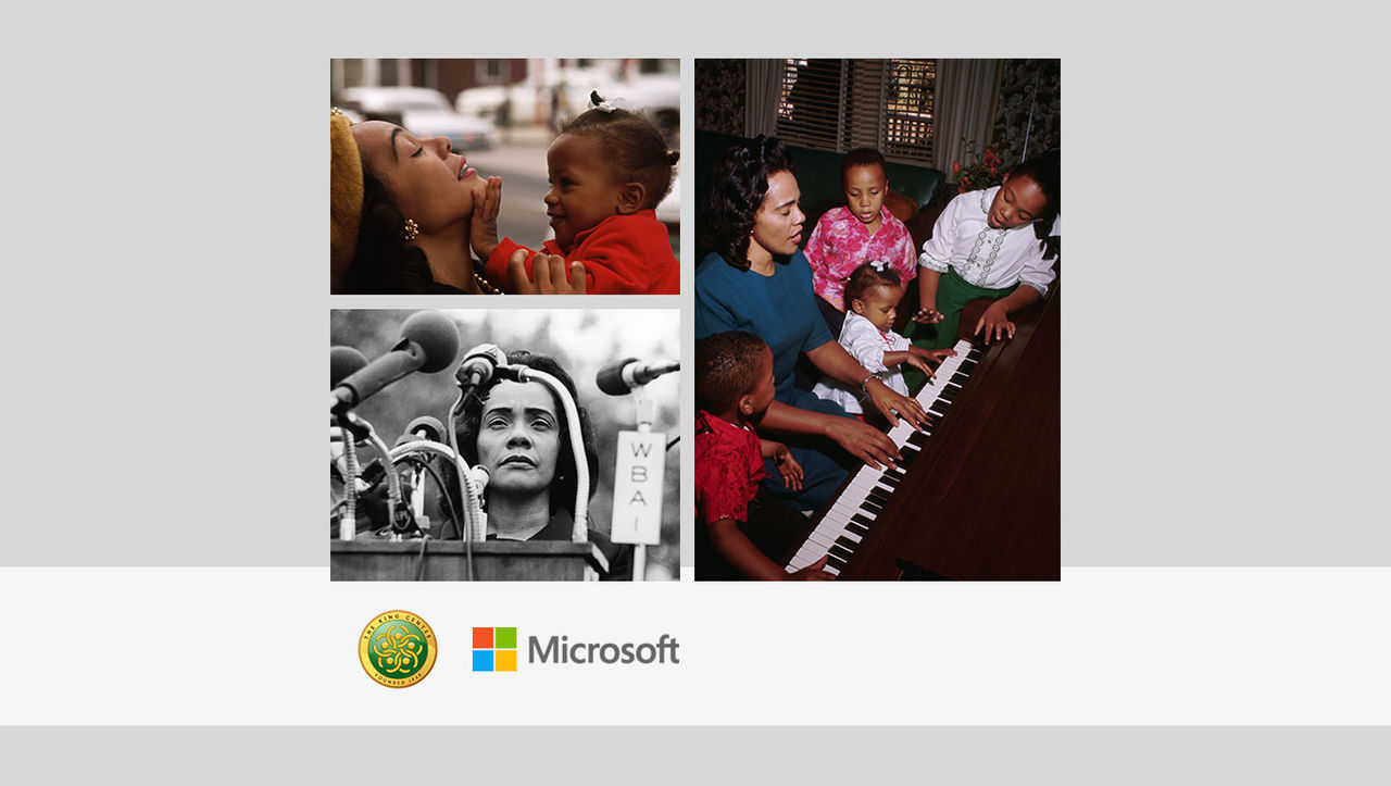 Photos of Mrs. Coretta Scott King alongside logos for The King Center and Microsoft
