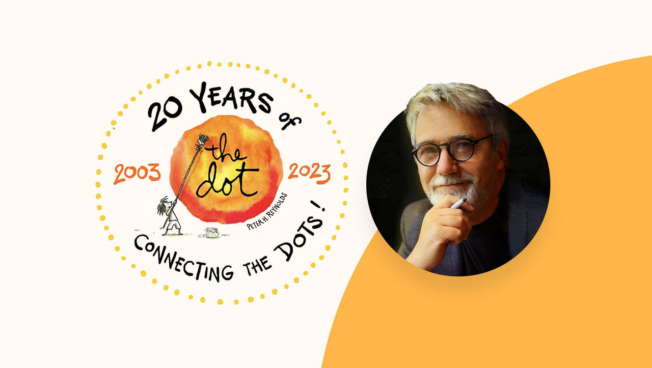Photo of author Peter Reynolds alongside logo for 20 Years of Connecting the Dots 2003 - 2023