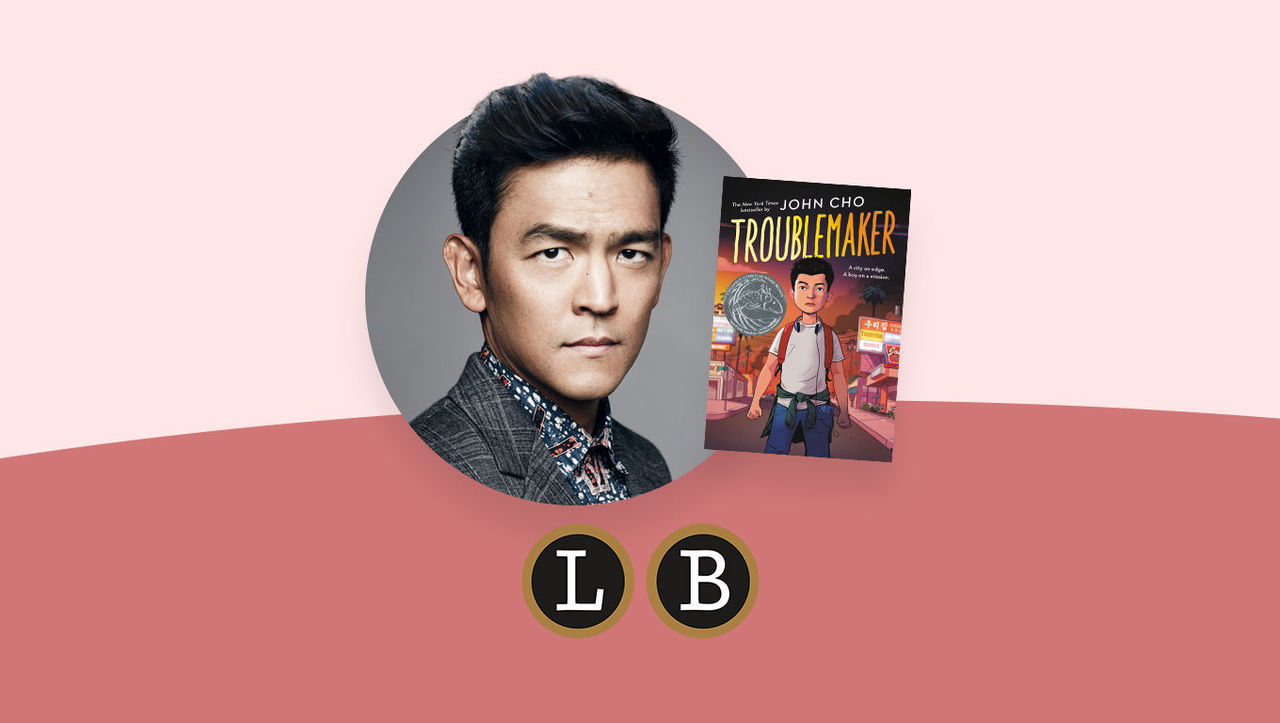 Photo of John Cho alongside novel Troublemaker and logo for Little, Brown Books for Young Readers