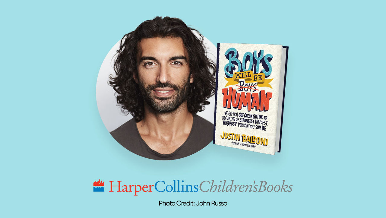 Photo of author Justin Baldoni with guidebook Boys Will Be Human above logo for Harper Collins Children’s Books