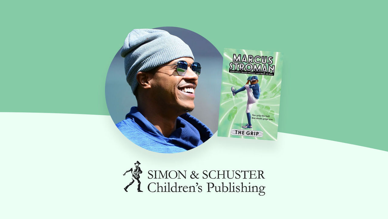 Photo of MLB pitcher Marcus Stroman alongside book The Grip and logo for Simon & Schuster Children's Publishing.