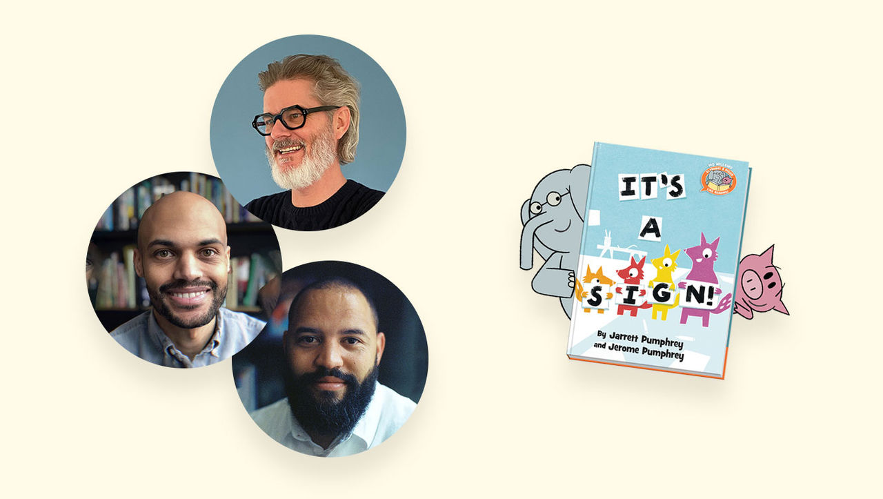 Photos of Mo Willems, Jarret Pumphrey, and Jerome Pumphrey, with book titled It's a Sign