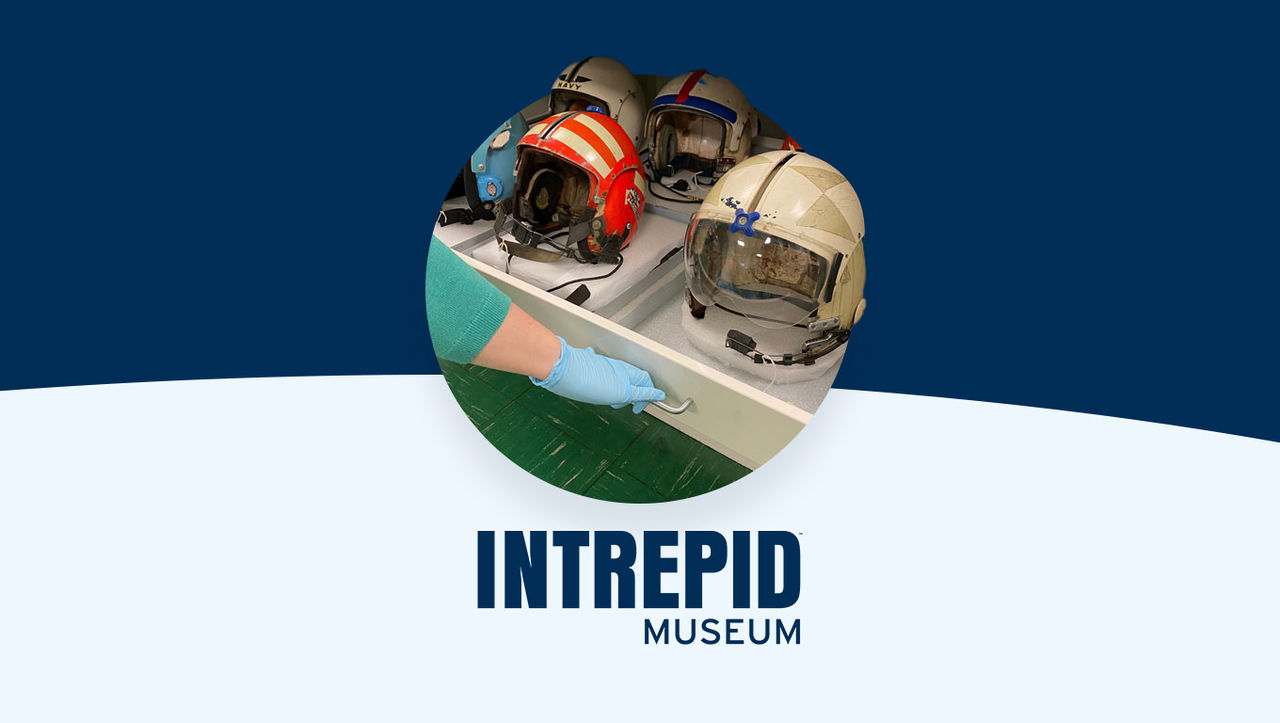 Intrepid museum logo alongside photo of museum worker displaying helmets