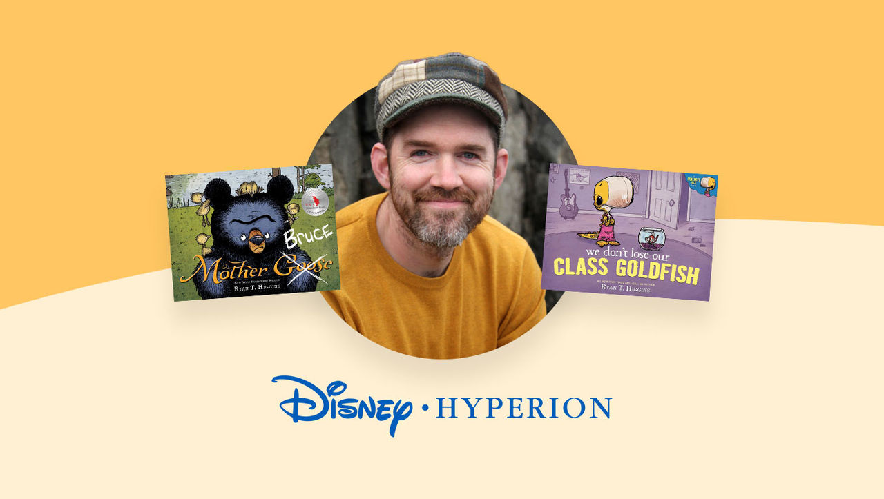 Photo of Ryan T. Higgins alongside books Mother Bruce and We Don't Lose Our Class Goldfish and logo for Disney Hyperion