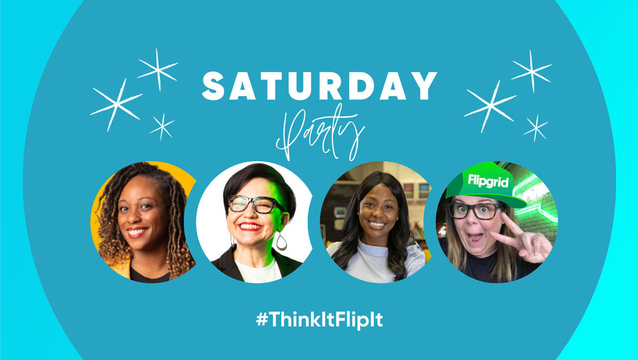 Banner with text reading Saturday Party, hashtag #thinkitflipit, and four headshots of Flip trainers