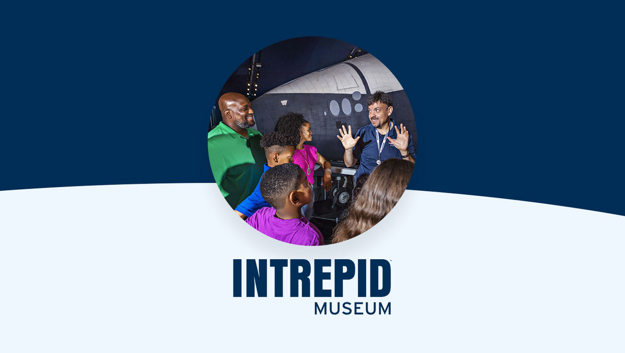 Intrepid museum logo alongside tour guide giving tour of spacecraft