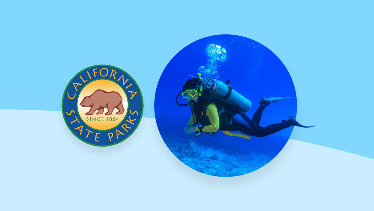 Photo of an underwater diver alongside California State Parks logo