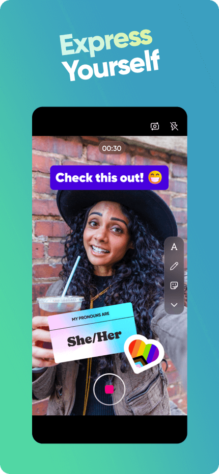 Slide titled Express Yourself showing the in-app camera with overlaid stickers
