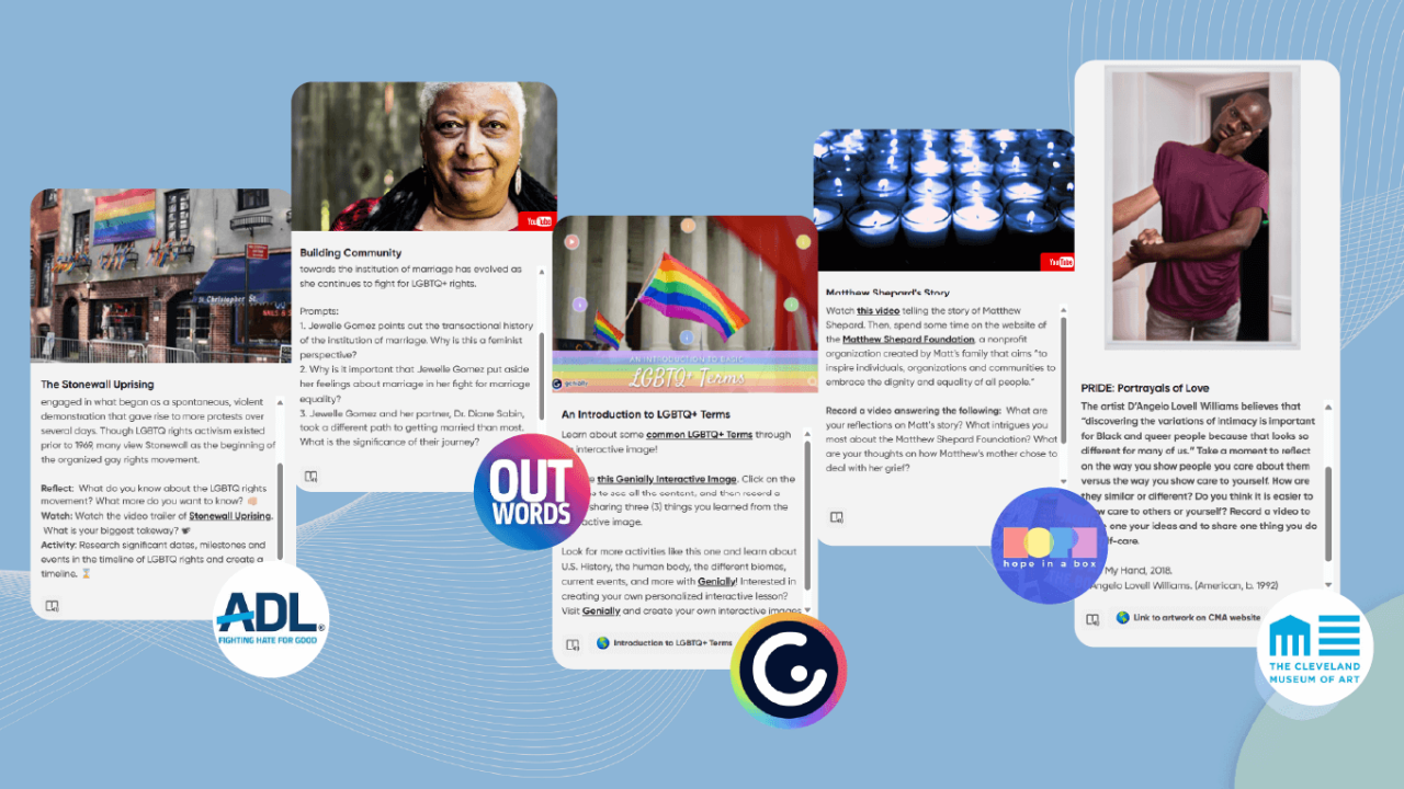 Capturas de pantalla de cinco temas de líderes de opinión en la Biblioteca Flip Discovery
