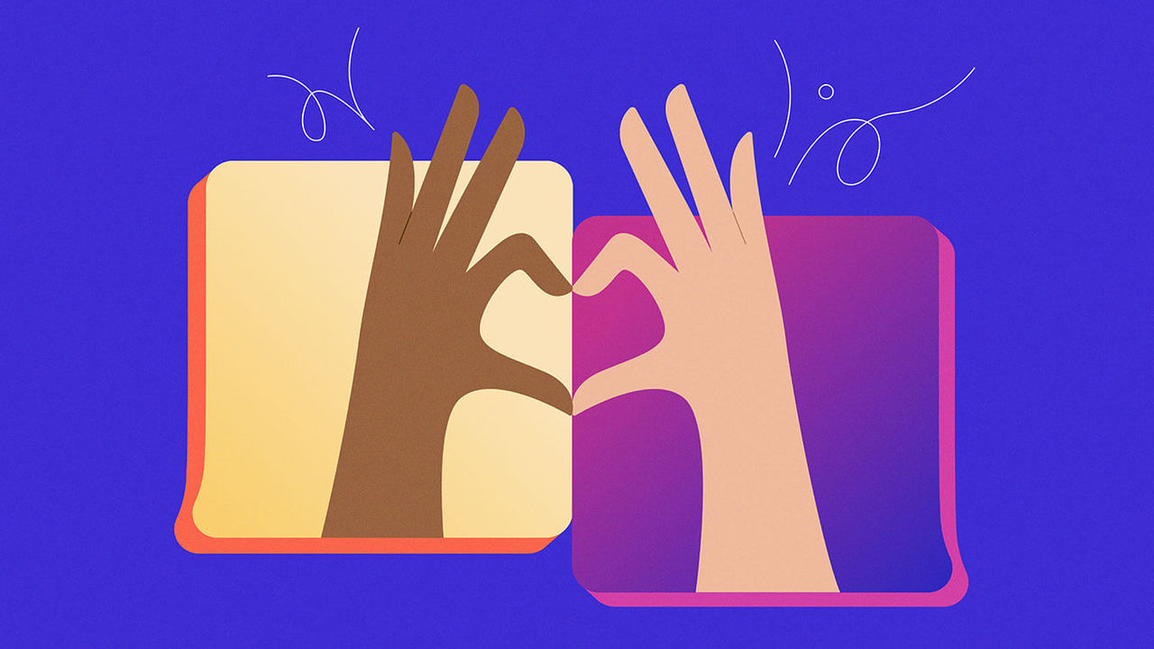 Ilustración de dos manos de diferentes tonos de piel que se unen para hacer un signo de corazón con sus dedos