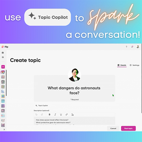 Captura de pantalla del video que muestra cómo usar Topic Copilot para iniciar una conversación