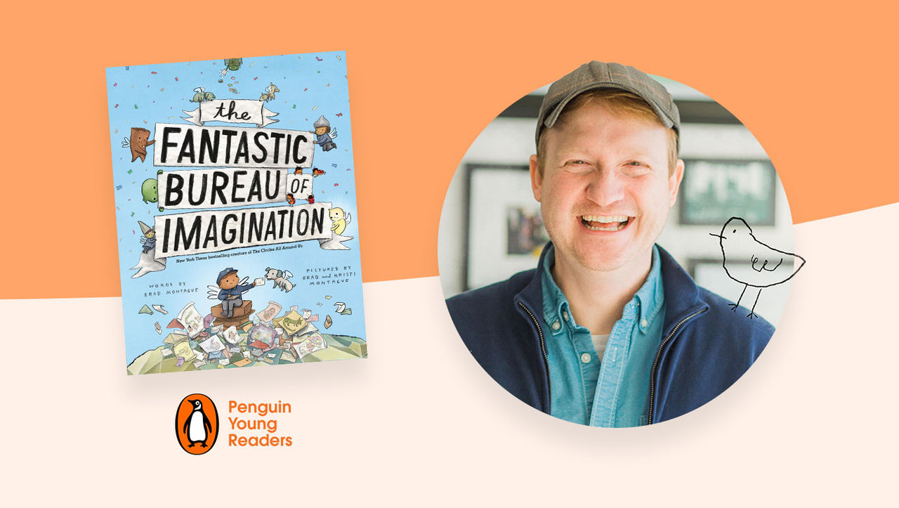 Photo of author Brad Montague alongside book The Fantastic Bureau of Investigation and logo for Penguin Young Readers