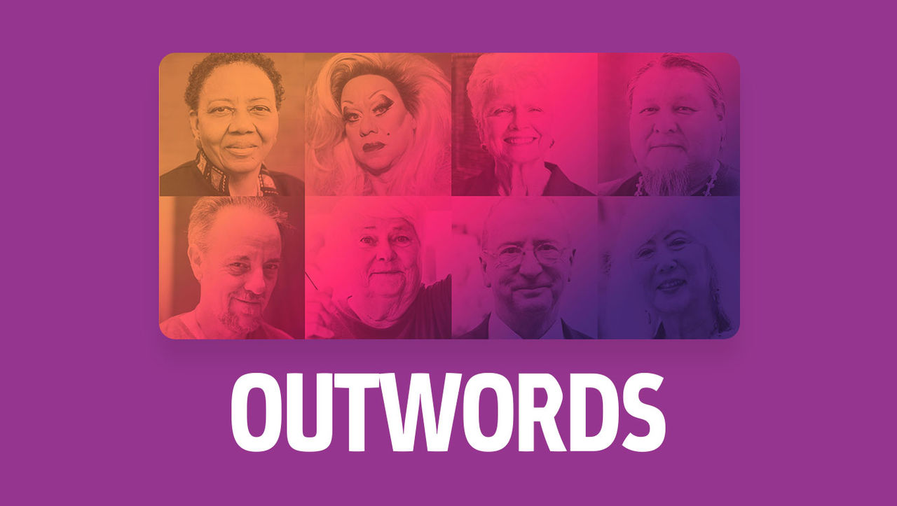 Collage of photos of activists and lawmakers in the trans community above the Outwords logo