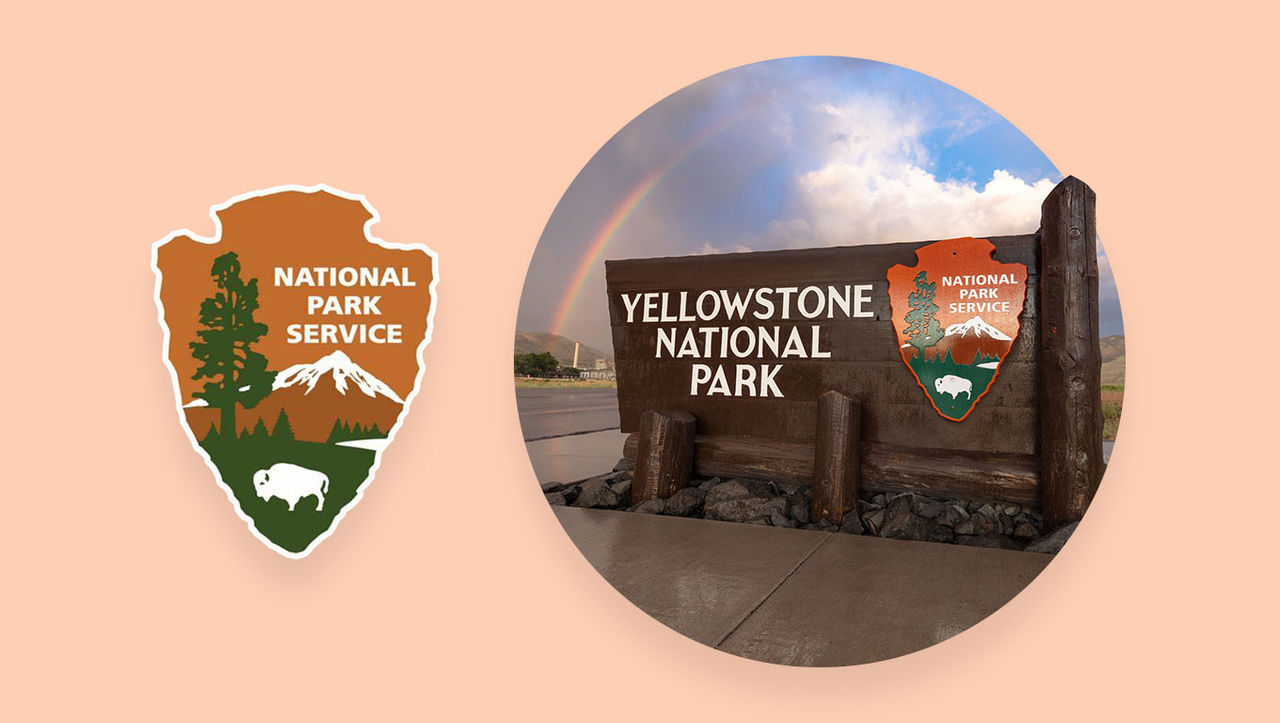 Photo of the Yellowstone National Park entrance sign alongside logo for National Park Service