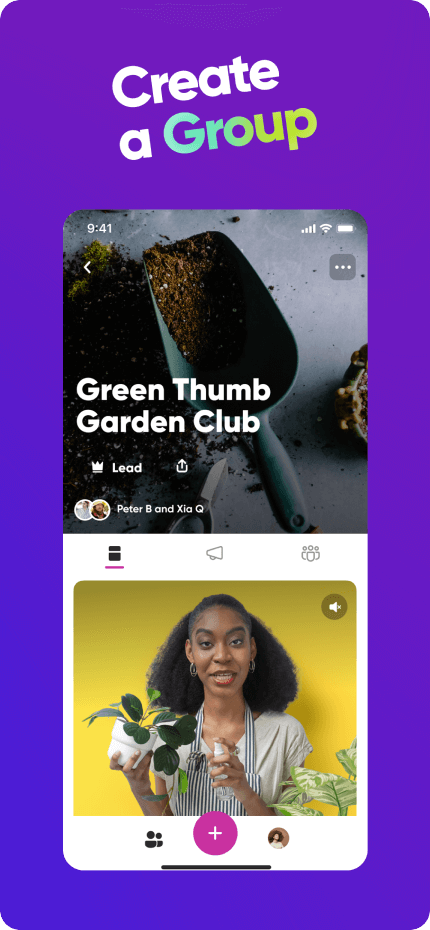 Diapositiva titulada Crear un grupo que muestra una captura de pantalla de un grupo desde la aplicación titulado Green Thumb Garden Club