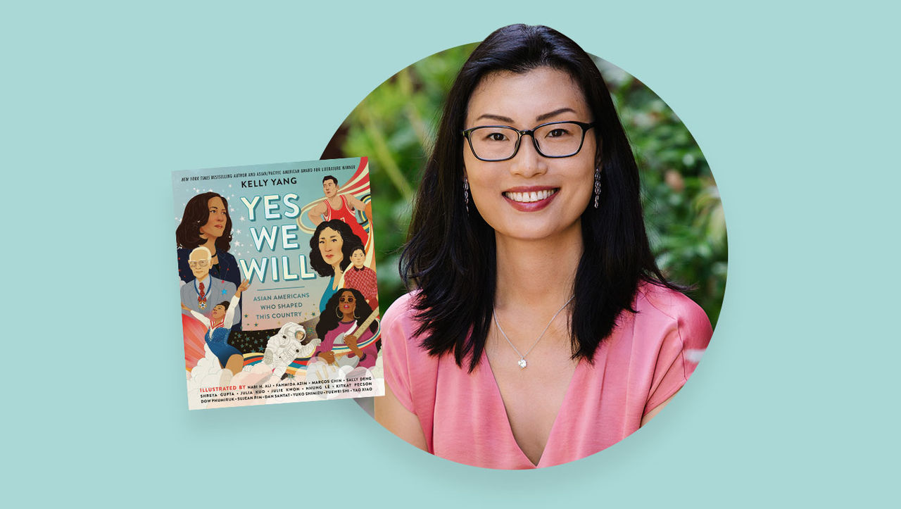Photo of author Kelly Yang with superimposed book titled Yes We Will